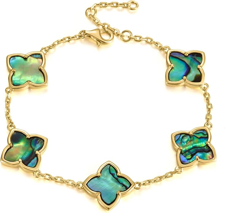 18K Gold Plated Abalone Shell Clover Bracelet, 8.6 Inch Chain with 2 Inch Extender, Adjustable Dainty Link Charm Bracelet