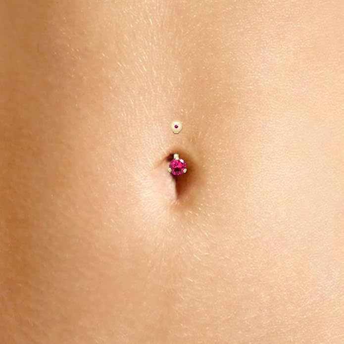 AFFY Internally Threaded Belly Button Navel Ring for Women, Three-Prong Round Simulated Birthstone in 14K Gold Over 925 Sterling Silver, Body Piercing Jewelry Gift
