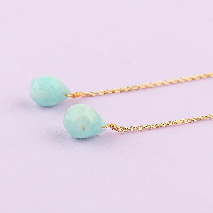 Natural Gemstone Threader Earrings for Women - Dainty 2mm Faceted Beads - Birthstone Crystal Drop Earrings - Silver Plated Healing Jewelry
