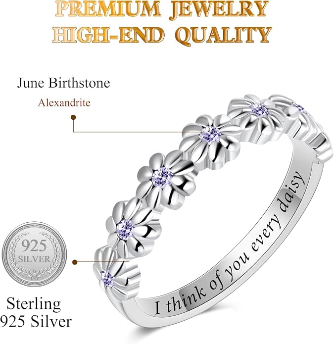 Dainty Daisy Ring for Women, S925 Sterling Silver Cubic Zirconia Sunflower Flower Ring For Daughter, I Think Of You Every Daisy Ring, Birthstone Flower Ring