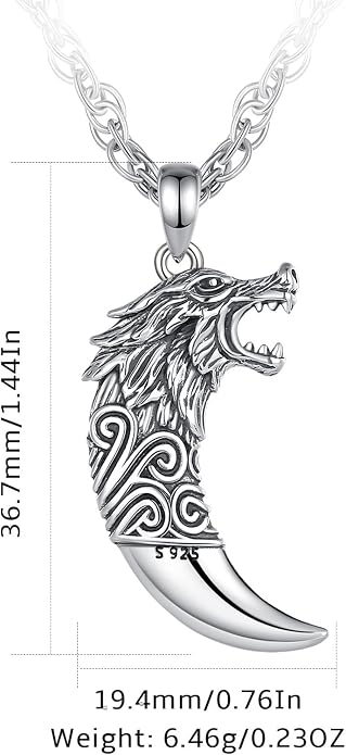 925 Sterling Silver Viking Wolf Mjolnir Necklace for Men Women, Viking Runes Wolf Tooth Witch Celtic Knot Amulet Protection Pendant Nordic Norse Mythology Jewelry Gift for Men Women