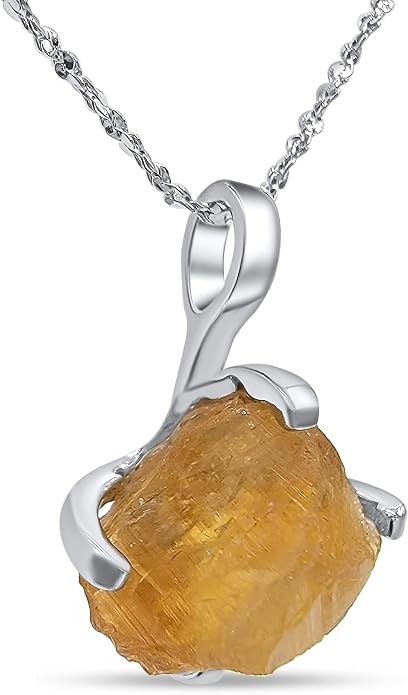 Natural raw gemstone pendant chain necklace with white gold over 925 solid sterling silver, birthstone dainty solitaire gift for her, uniquelan jewelry