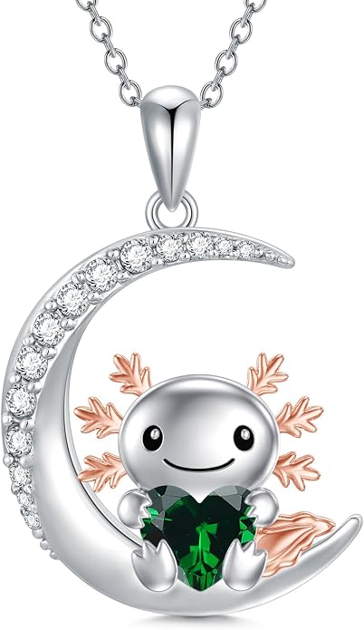 PROESS Animal Birthstone Necklace 925 Sterling Silver Otter/Axolotl/Hippo/Elephant/Dachshund/Monkey/Red Panda Pendant Necklace Animal Birthstone Jewelry Gifts for Women