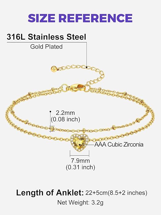 Richsteel Double Layer Heart/Butterfly Birthstone Anklet for Women Non Tarnish Waterproof, Silver/Gold/Black Stainless Steel 8.5-10.5 Inch Adjustable Chain Anklets Jewelry Gifts for Her