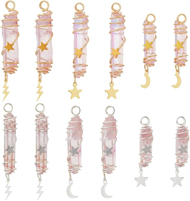 SUPERFINDINGS 12 Pcs 6 Styles Crystal Pendant Necklace Healing Crystal Necklace Natural Quartz Stone Pendant Necklaces Star Moon Copper Wire Wrapped for Necklace Bracelet Jewelry Making