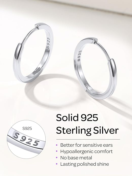 ChicSilver 925 Sterling Silver Huggie Hoop Earrings Small Hoop Earrings for Women Hypoallergenic Silver Huggie Earring Cartilage Earrings for Women (6/8/10/12/14/16/18/20MM)