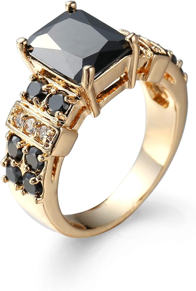 Black Onyx 14K Yellow Gold Filled Princess Cut Stone Gemstone Solitaire Ring Wedding Jewelry Ring (Available 6,7,8,9,10) (US 9)