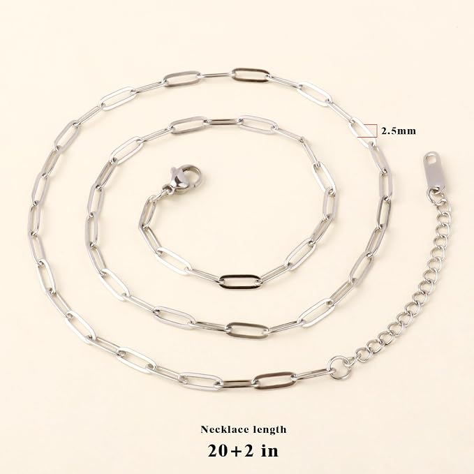 10PCS Paperclip Chains Necklace Bulk 2.5MM 20 Inches Stainless Steel Finished Paperclip Link Chain Bulk forJewelry Making