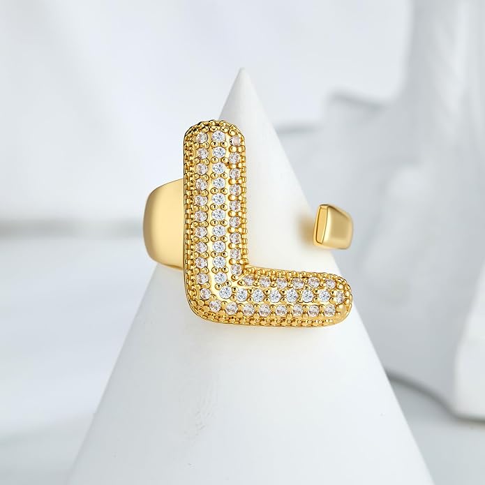 Cicy Bell Initial Rings for Women 14k Gold Plated Cubic Zirconia Delicate Letter Chunky Statement Open Rings Gifts for Her