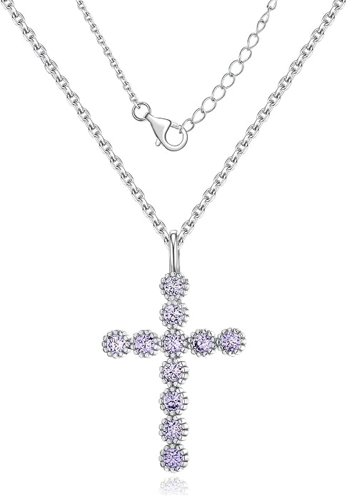 Sterling Silver Cross Necklace for Women Birthstone Religious Jewelry