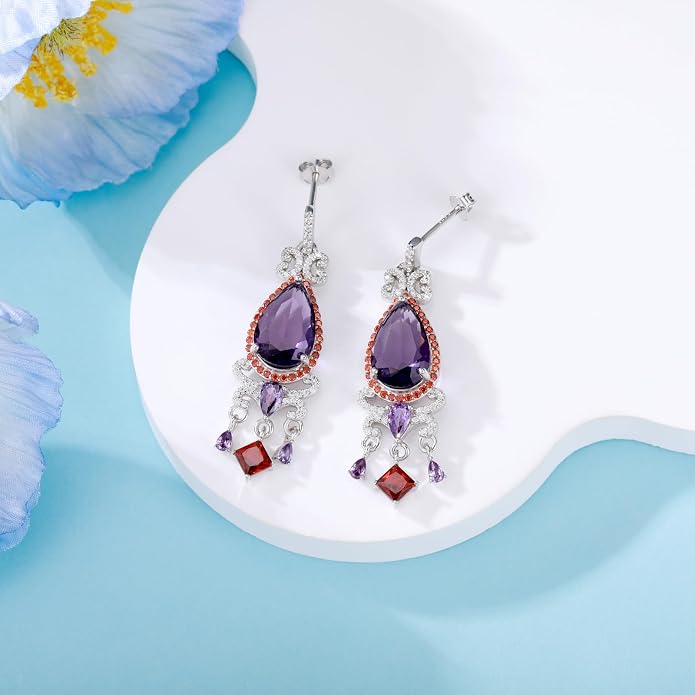 925 Sterling Silver Colorful Chandelier Teardrop Dangle Earrings Statement Flower Stud Earrings for Women Party Prom
