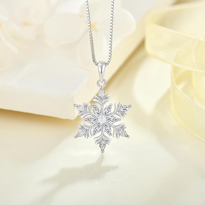 925 Sterling Silver Snowflake Necklace for Women Birthstone Snowflake Pendant Necklace Cubic Zirconia Christmas Jewelry