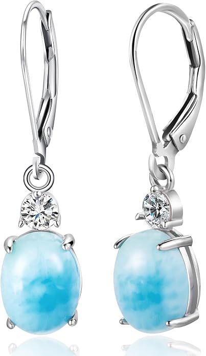 MDFUN 925 Sterling Silver Natural Larimar Earrings for Women Hypoallergenic Dangle Drop Blue Gemstone Leverback Jewelry