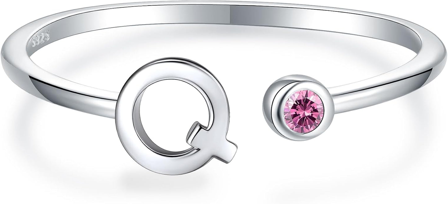 925 Sterling Silver Initial Letter Birthstone Rings for Women Adjustable 1-12 Month Birthstone Alphabet Stacking Ring for Teens Girls Stackable Birthstone Rings Birthday Jewelry Gift for Daughter Mom