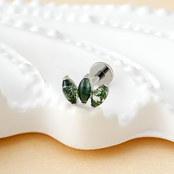FINE4U 16G Moss Agate Body Piercing Jewelry for Helix Flat Tragus Lobe 16G 6mm 8mm - ASTM F136 Titanium Screw on Flat Back Stud, Hypoallergenic Cartilage Earring