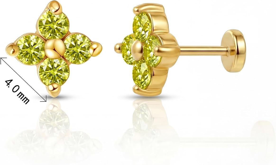 FANSING Short Threadless Cartilage Earring Stackable CZ Birthstone Flat Back Earrings for Women Small Stud Earrings for Tragus Helix Earlobe 18K Gold Plated ‌Rainbow 5.0mm