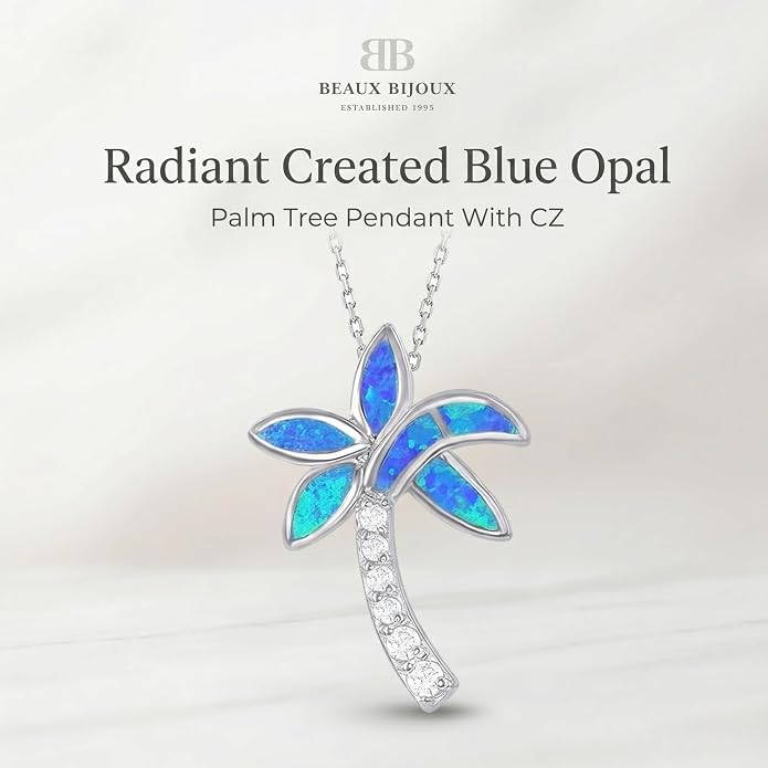 Created Blue Opal Ocean Necklace for Women, 925 Sterling Silver Pendant, 18 Inch Chain, Beach and Sea Life Jewelry Collection