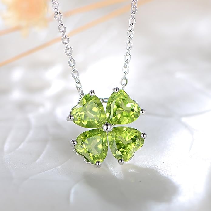 JIANGXIN Colorful Birthstone 925 Sterling Silver Handmade Pendant Necklace for Women Lucky Four Leaf Clover Plant Shamrock Jewelry Rhodium Plated