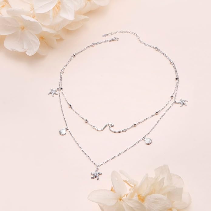 Layered Choker Necklaces for Women S925 Sterling Silver Circle/Heart/Cross/Star Multi Layered Necklace Handmade Bead Chain Adjustable Jewelry for Birthday