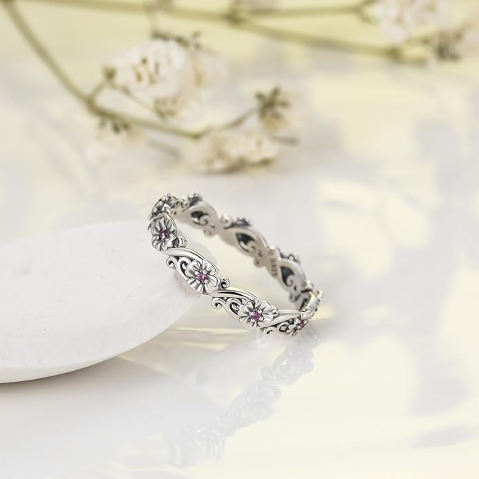 SHINYSO 925 Sterling Silver Rings for Women Retro Daisy Stacking Ring Eternity Wedding Band for Women Size 4-10