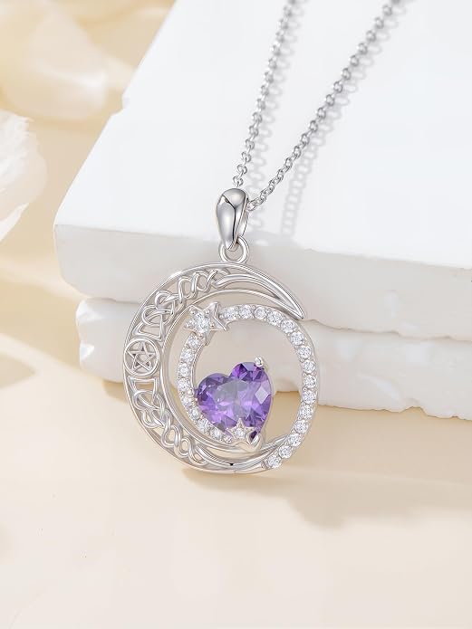 Dorunmo Heart Birthstone Necklace for Women 925 Sterling Silver Moon and Star Pendant Birthday Jewelry Gifts for Wife Her Daughter Mom