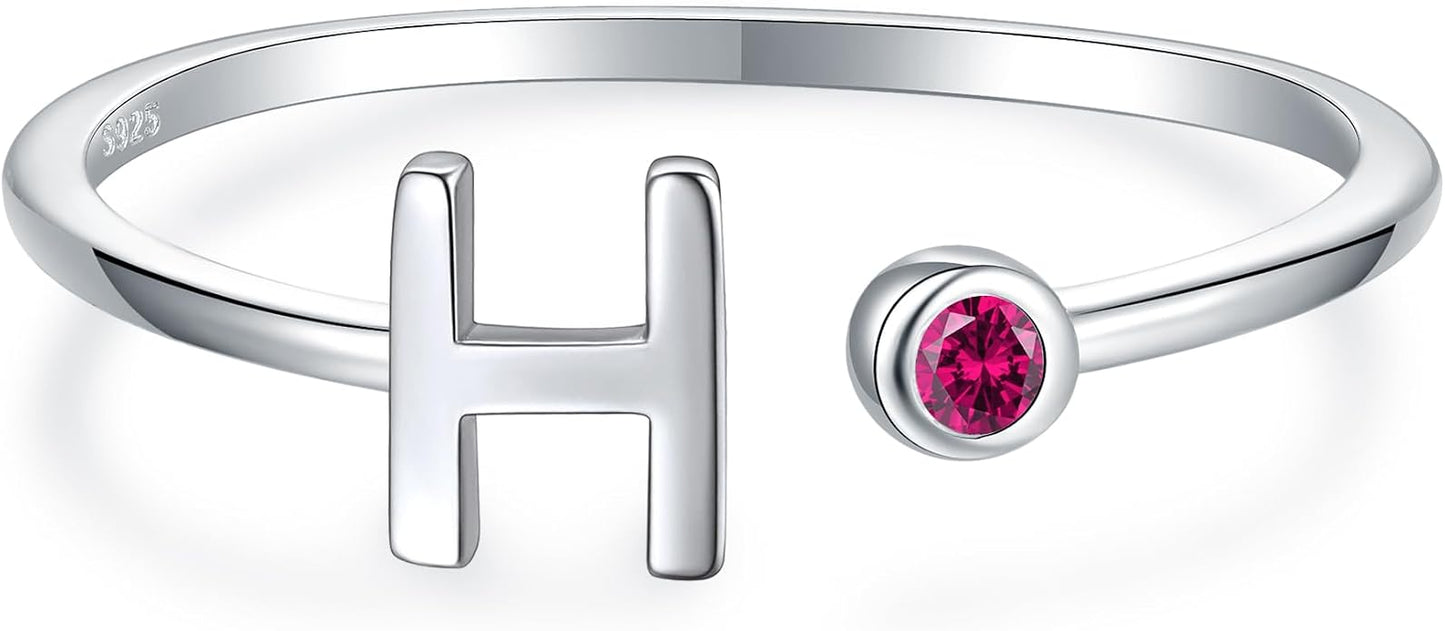 925 Sterling Silver Initial Letter Birthstone Rings for Women Adjustable 1-12 Month Birthstone Alphabet Stacking Ring for Teens Girls Stackable Birthstone Rings Birthday Jewelry Gift for Daughter Mom