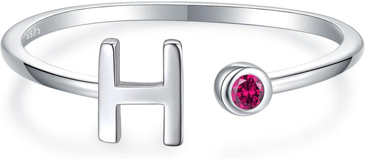 925 Sterling Silver Initial Letter Birthstone Rings for Women Adjustable 1-12 Month Birthstone Alphabet Stacking Ring for Teens Girls Stackable Birthstone Rings Birthday Jewelry Gift for Daughter Mom