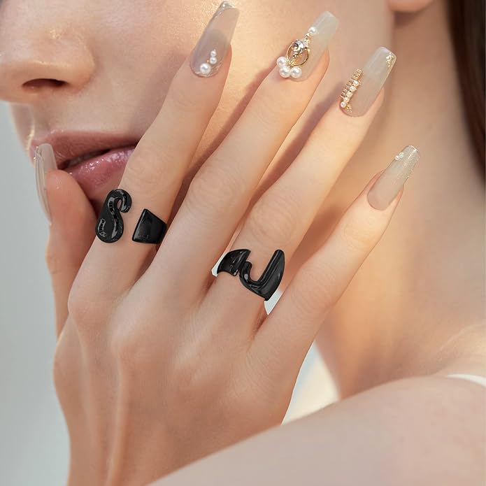 KeyStyle Bold Initial Letter Rings Adjustable, GoldChic Jewelry Women Gold Statement Ring Personalized Engraved Women’s Open Signet Ring for Party (Gold, White Gold, Black)
