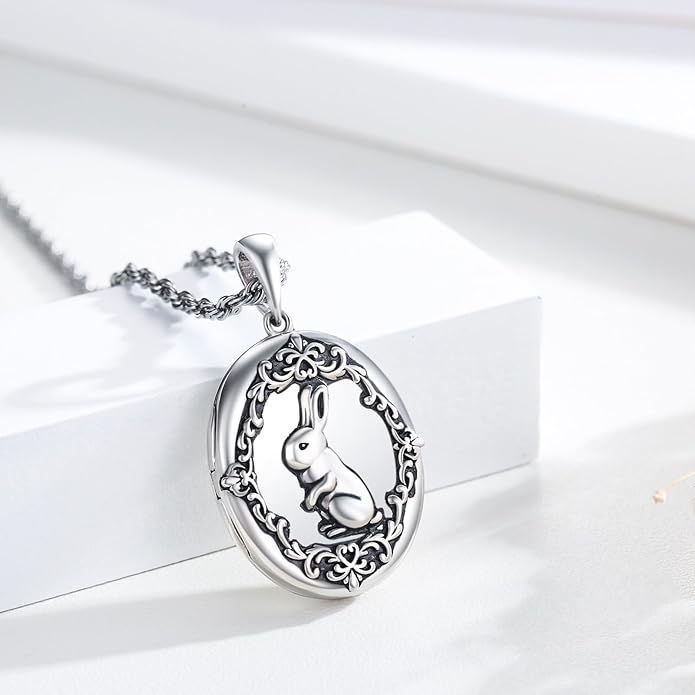 CUOKA MIRACLE Rabbit Locket Necklace, Bunny Locket Pendant 925 Sterling Silver Vintage Rabbit Photo Lockets That Holds Pictures Personalized Customize Jewelry Gift for Women Girls Wife Mother