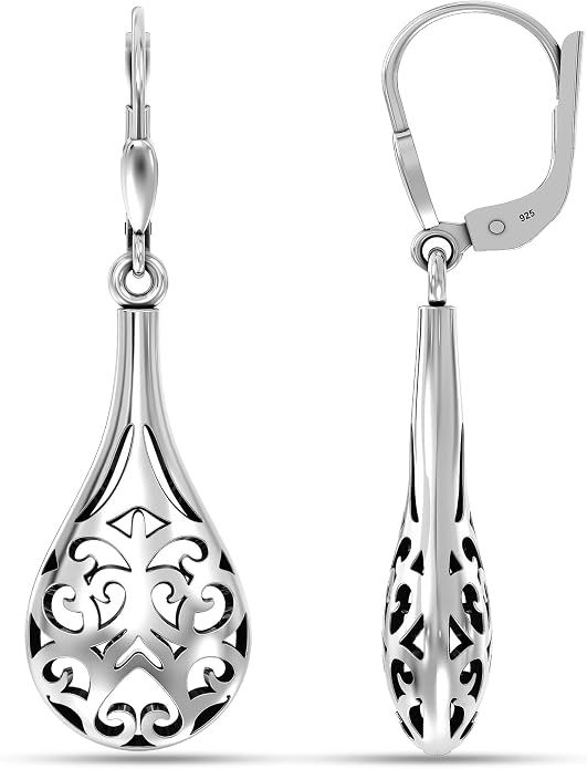 LeCalla 925 Sterling Silver Antique Earrings for Women | Filigree Leverback Dangle Earring | Drop Dangle Earrings for Women | Oxidized Silver Jewelry for Her Mom Wife