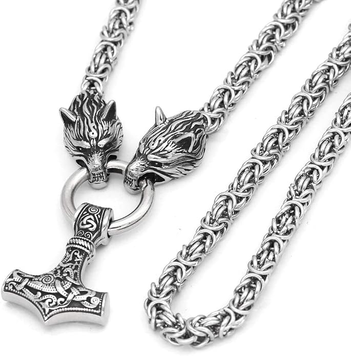 Viking Wolf Head Thor’s Hammer Pendant Necklace – Stainless Steel Norse Amulet Jewelry for Men, Nickel-Free, Gift Box Included
