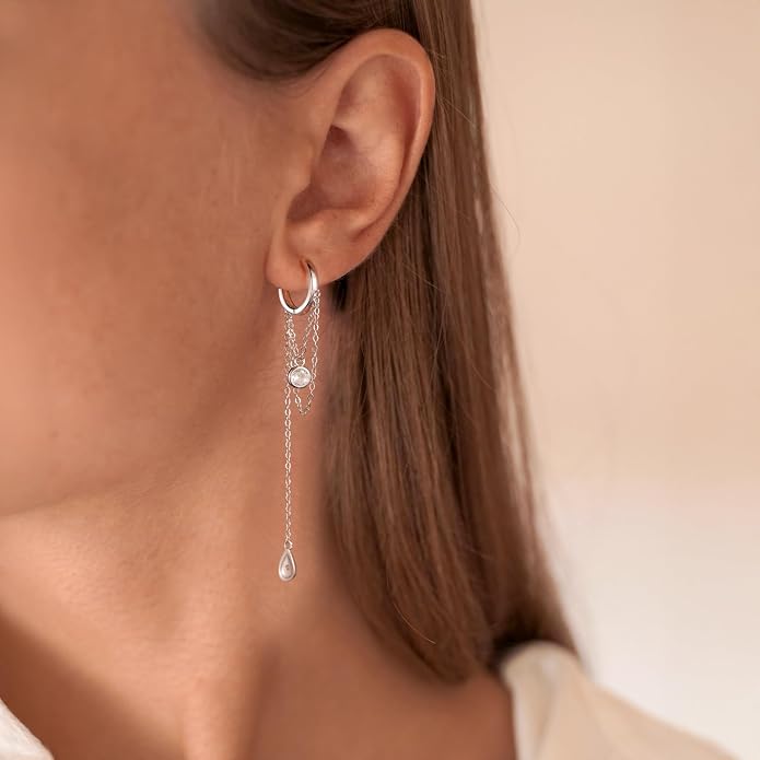 CZ Chain Hoop Dangle Earrings for Women S925 Sterling Silver Cubic Zirconia Dangling Earrings Chain Tassel Drop Earring Hoop Earring Huggies Fashion Wedding Jewelry Gifts