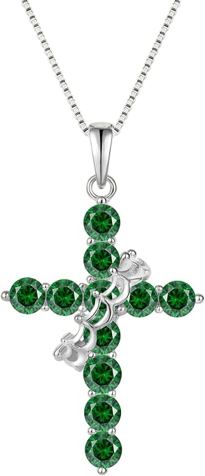 Rotated Crown Cross Necklaces for Women, 925 Sterling Silver Round Cut Zircon Neckalce Pendant With Ring Birthstones Jewelry for Her