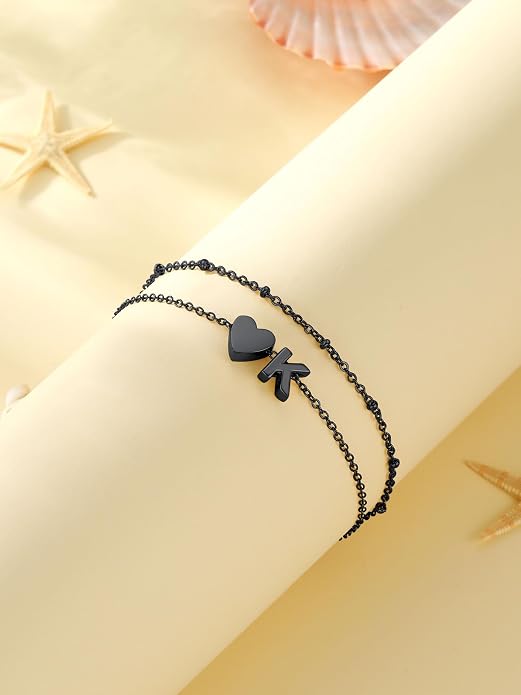 Initial Ankle Bracelets for Women, Dainty Stainless Steel Letter A-Z Layered Anklets, Heart Ankle Bracelet 8.5"-10.5" Adjustable, Summer Beach Jewelry, Come with Box