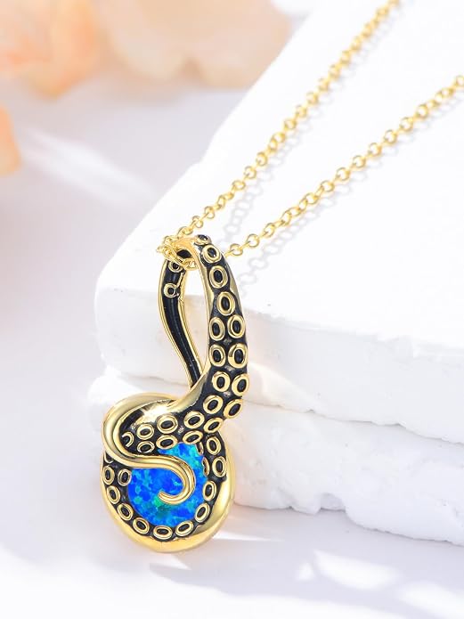 Octopus Tentacles Necklace with Gemston 925 Sterling Silver Octopus Pendant for Women Ocean Jewelry Gift for Women