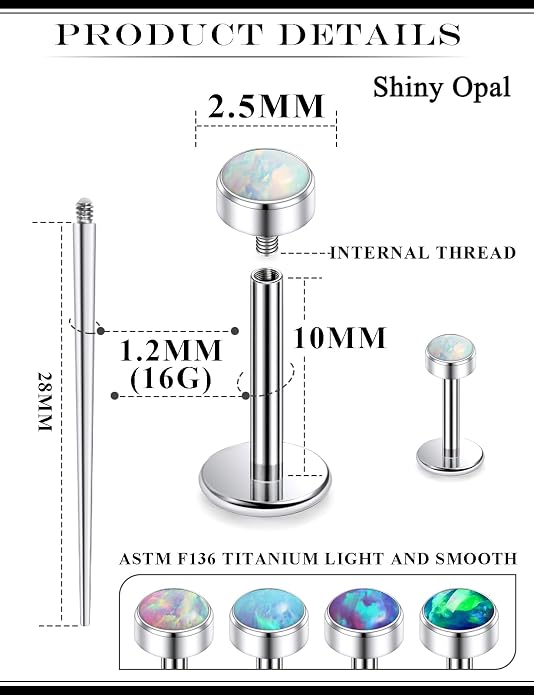 20G 18G 16G Astm F136 Titanium Internal Thread Flat Back Earrings Nose Studs Tragus Helix Conch Cartilage Lobe Earrings Medusa Labret Snake Bite Monroe Lip Ring Piercing Jewelry For Women Men