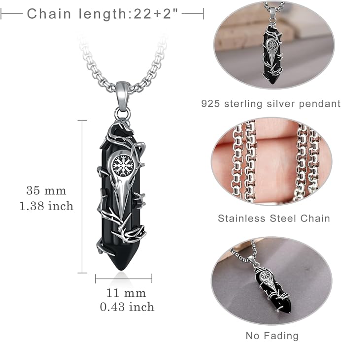 Viking Raven Skull Necklace 925 Sterling Silver Helm of Awe Necklace Raven Skull Pendant Viking Jewelry Norse Gifts for Men Women