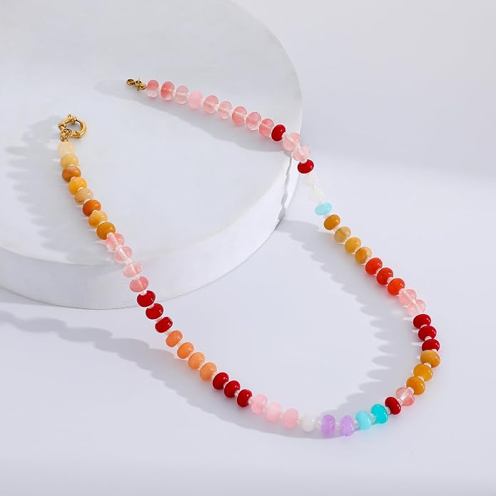 LALAPPLE Colorful Beaded Gemstone Necklace for Women, Boho Rainbow Bead Choker with Natural Stone Crystal Beads, Handmade Summer Beach Necklace Jewelry