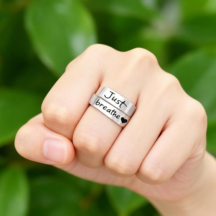 HUASAI Just Breathe Hope Rings for Women Adjustable Tarnish Resistant Stainless Steel Inspirational Jewelry Gifts