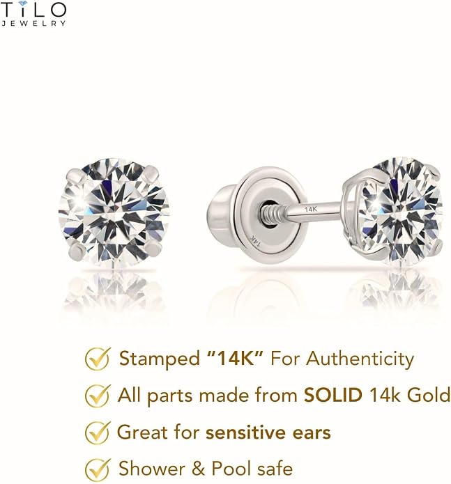 14k White Gold Solitaire Round Cubic Zirconia CZ Stud Earrings in Secure Screw-backs