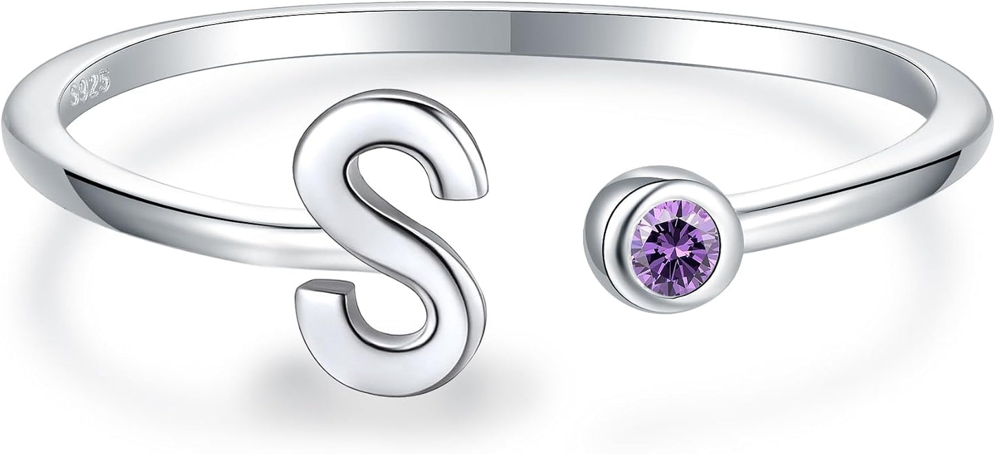 925 Sterling Silver Initial Letter Birthstone Rings for Women Adjustable 1-12 Month Birthstone Alphabet Stacking Ring for Teens Girls Stackable Birthstone Rings Birthday Jewelry Gift for Daughter Mom