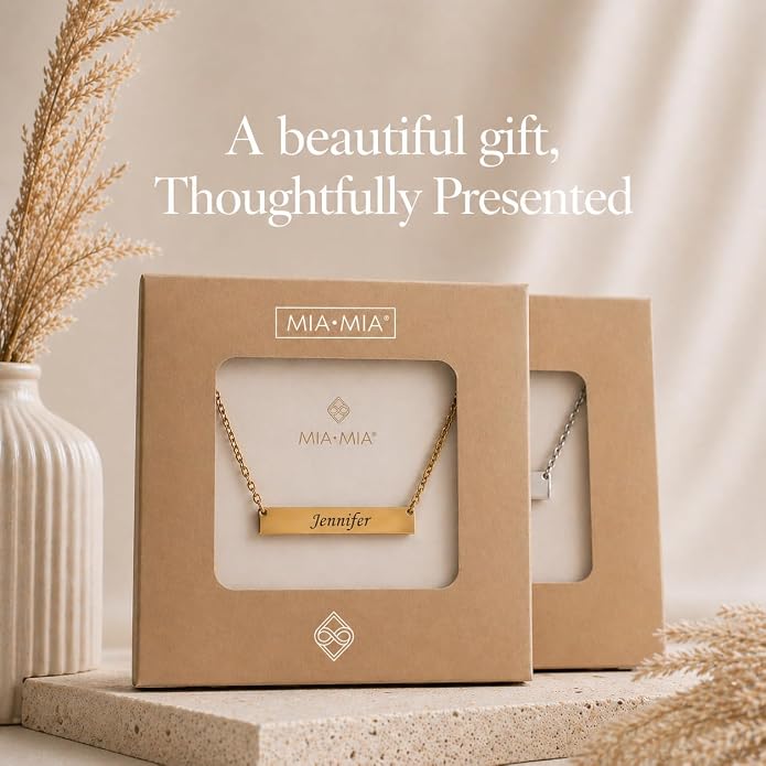 Personalized bar necklace for women, custom engraved stainless steel name plate necklace gift gold, silver and rose gold for mothers day, coordinates, dates, roman numeral, friendship, christmas