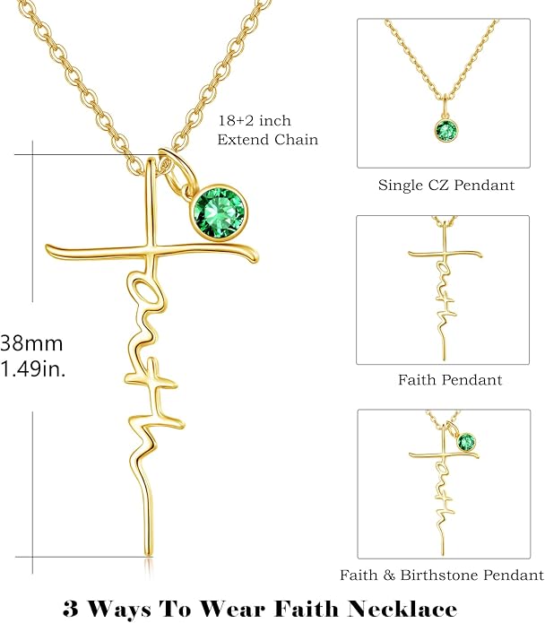 PRAYMOS Faith Cross Necklace for Women 925 Sterling Silver Pendant Necklace With Birthstone Initial Christian Religious Confirmation Baptism Mothers Day Gifts