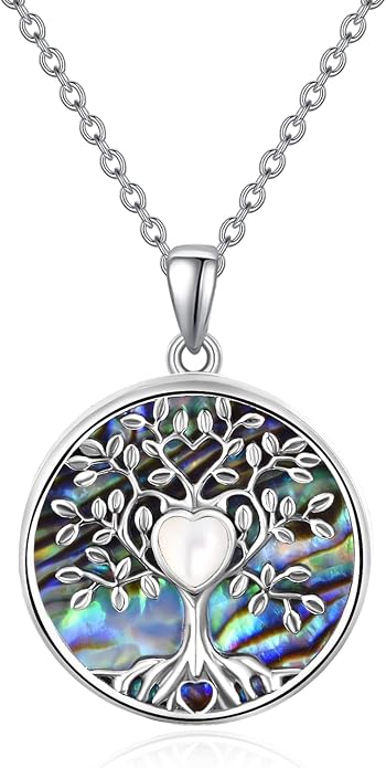 Tree of Life Necklace for Women – Sterling Silver Nature-Inspired Dainty Round Pendant, Green Abalone Shell Inlaid - Spiritual Jewelry Gift