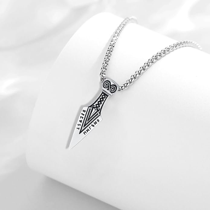 Viking Arrowhead Necklace for Men and Women, 925 Sterling Silver Viking Necklace with Rune Gungnir Spear Arrow head Pendant Jewelry Gifts
