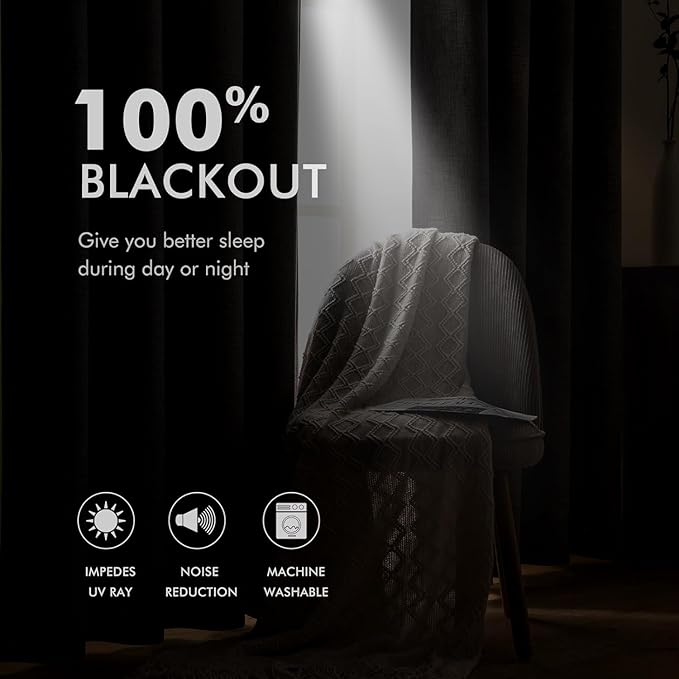 MIULEE Linen Curtains for Bedroom 100% Blackout Thermal Insulated Birch Grommet Room Darkening Curtains & Drapes for Living Room 52 x 90 Inch (2 Panels)