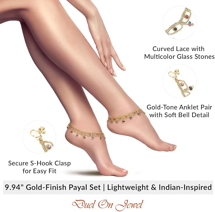 Duel On Jewel Gold Payal Set for Women, Indian Paayal Jhanjar Chain Anklets with Bell Detail, Foot Jewelry Pair, 10 Inch Comfort Fit, Traditional & Dainty Styles for Wedding Beach Everyday Gift