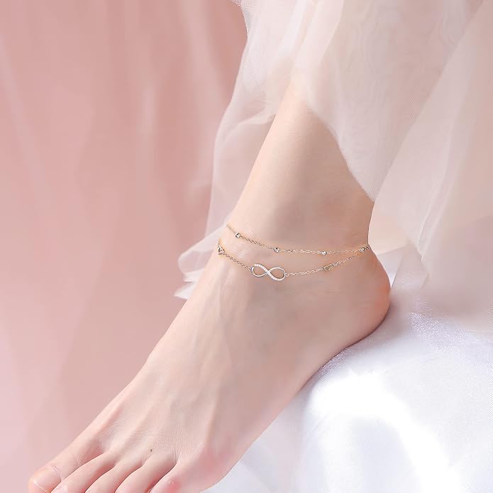 Alphm Anklet for Women S925 Sterling Silver Adjustable Foot Evil Eye Starfish Heart Bead Butterfly Celtic Knot Cross Multilayer Layered Ankle Bracelet Jewelry