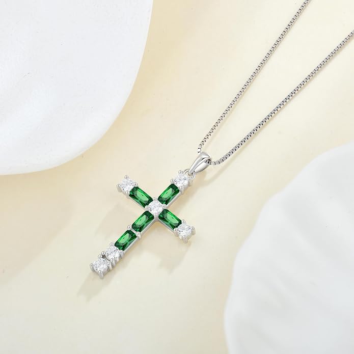 Birthstone Cross Necklace for Women 925 Sterling Silver Christian Religious Crucifix Pendant Rectangular Cut Birthstone Jewelry Gifts for Her