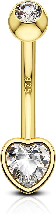COCHARM 14K Gold Plated 925 Sterling Silver Belly Button Ring - Dainty Heart Navel Piercing Jewelry for Women